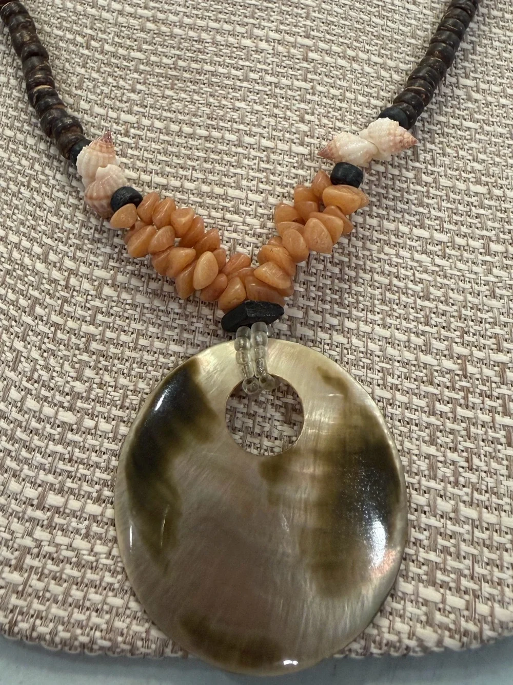 Shell Pendant Beaded Necklace in Tan and Brown